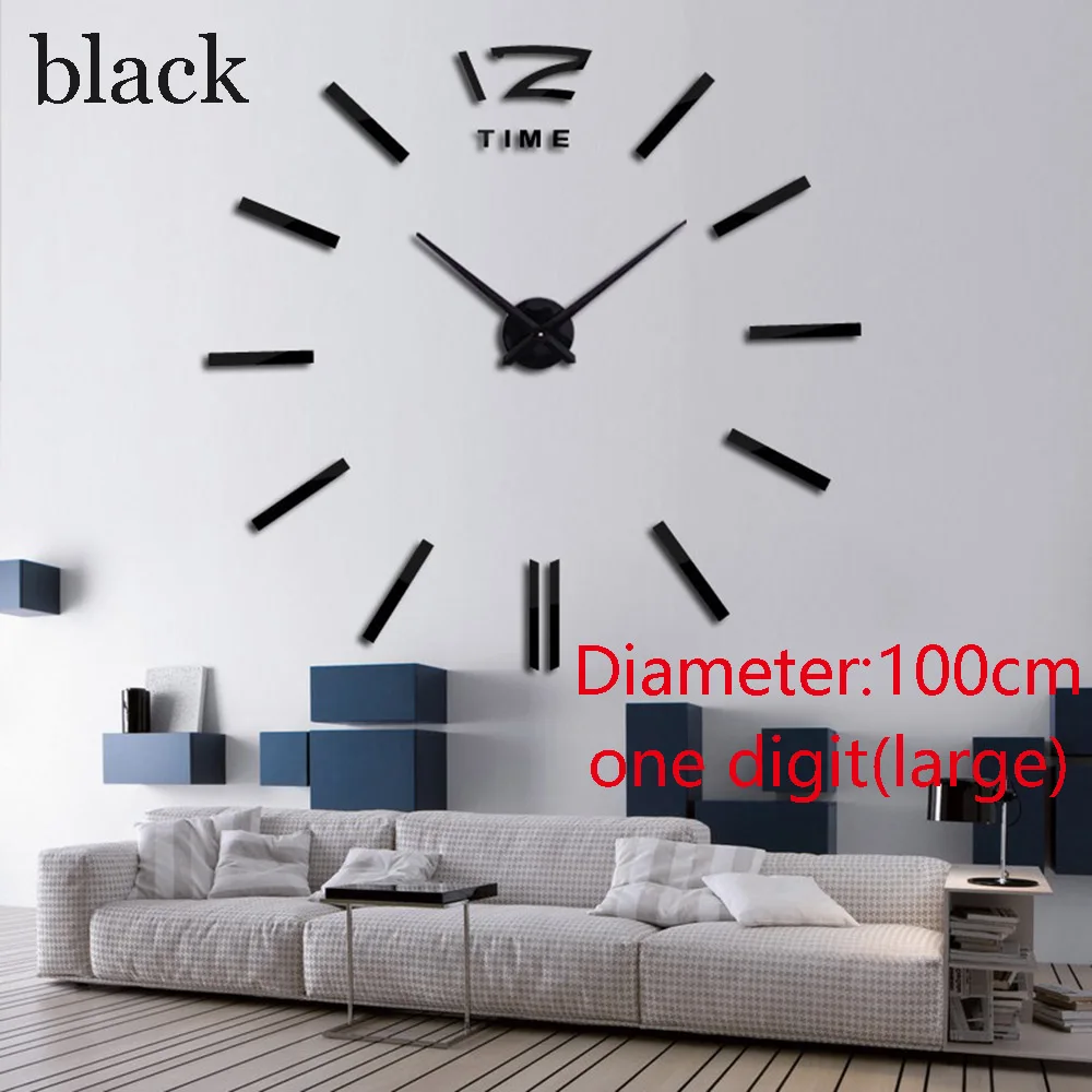 black one digit Настенные часы 3D DIY настенные наклейки часы зеркальная поверхность Акриловые кварцевые часы бесшумные гостиная украшение дома современный дизайн - Цвет: black one digit