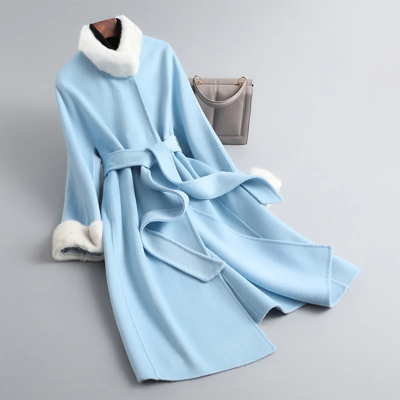 2021 New Lady Fashion 100% Wool Coat Elegant Cashmere Long Jackets For Women Mink Collar Overcoat Trench QN3682 long bubble coat