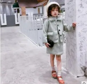 Новая детская одежда на осень и зиму шерстяное пальто для девочек с кружевной юбкой комплекты из двух предметов - Цвет: Зеленый