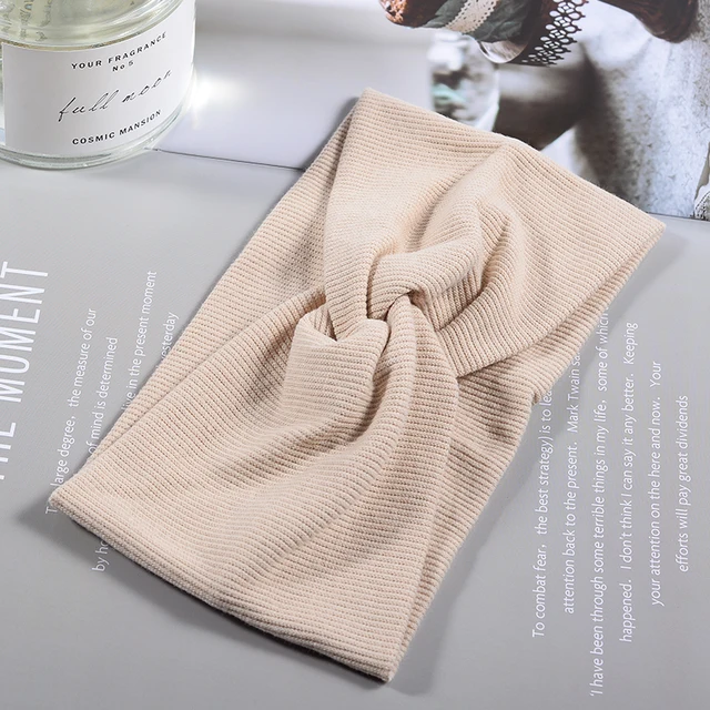 Women Headband Twist Turban Solid Wide Knitted Knotted Yoga Twisted Hairband Accessories For Turban Bandage Bandanas Hair Bands 01-Beige