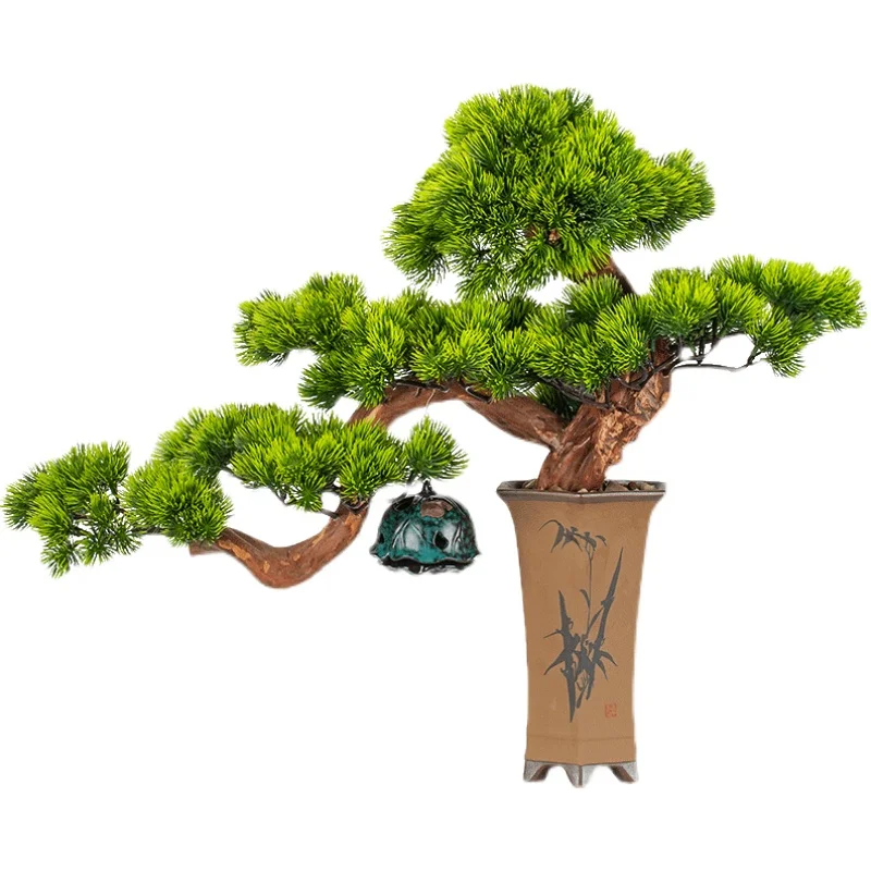 

Artificial Greeting Pine Bonsai Neo Chinese Style Ornaments Green Plant Fake Trees Potted Office Entrance Living Room and Hotel