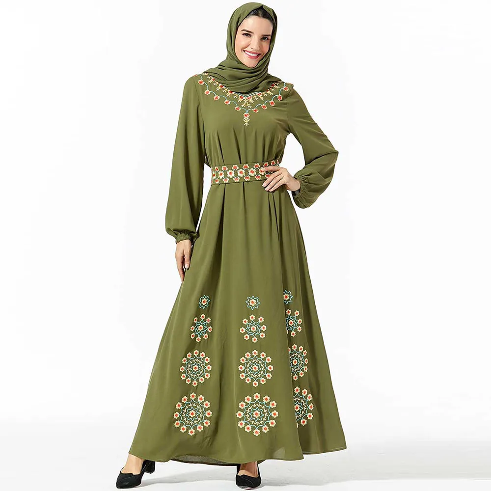 

Autumn Islamic Dress Women Clothing No Hijab Muslim Dresses Embroidery Designer Fashion Plus Size Sashes Green Long Sleeve Robe