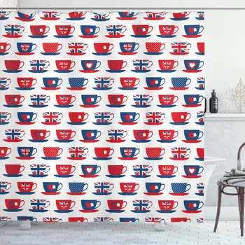 

Tea Party Shower Curtain, Britain Themed Teacup Forms Patterned Union Jack Hearts Flags, Cloth Fabric Bathroom Decor Set with