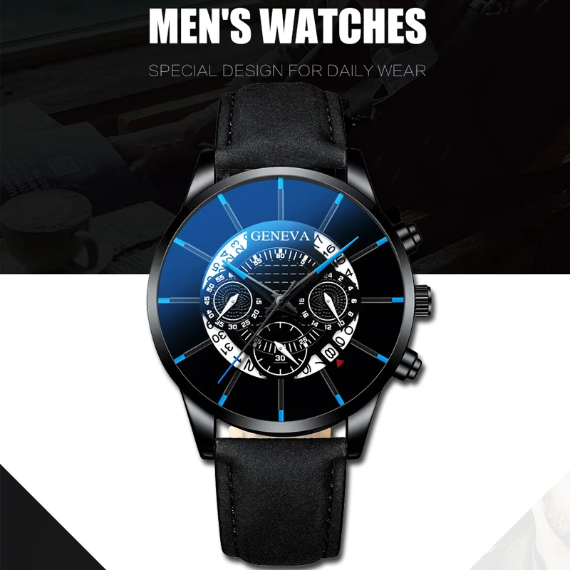 Reloj Hombre Роскошные мужские часы модные мужские Бизнес Календарь нержавеющая сталь кожаный ремешок аналоговые кварцевые повседневные мужские часы - Цвет: black blue