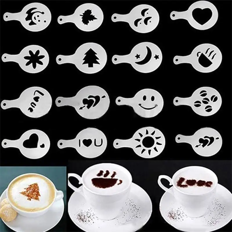 HIFUAR 16Pcs Coffee Latte Cappuccino Barista Stencils Cake Duster Templates Coffee Tools Flowers Pad Duster Spray Coffee Decor