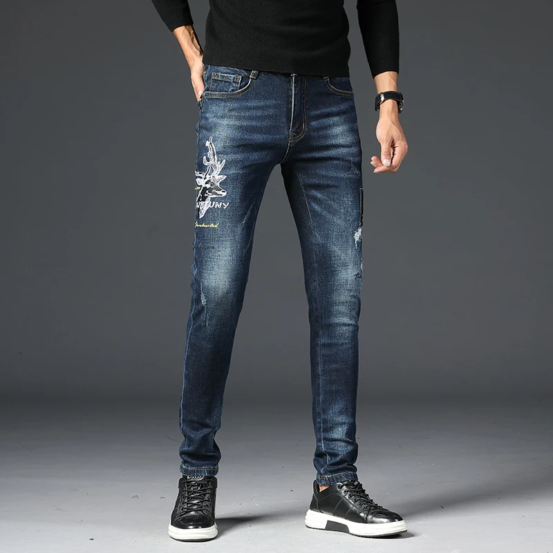 

Jeans Mens Hip Hop Slimming Daily Business Fashion Blue Animal Pattern Midweight Trousers