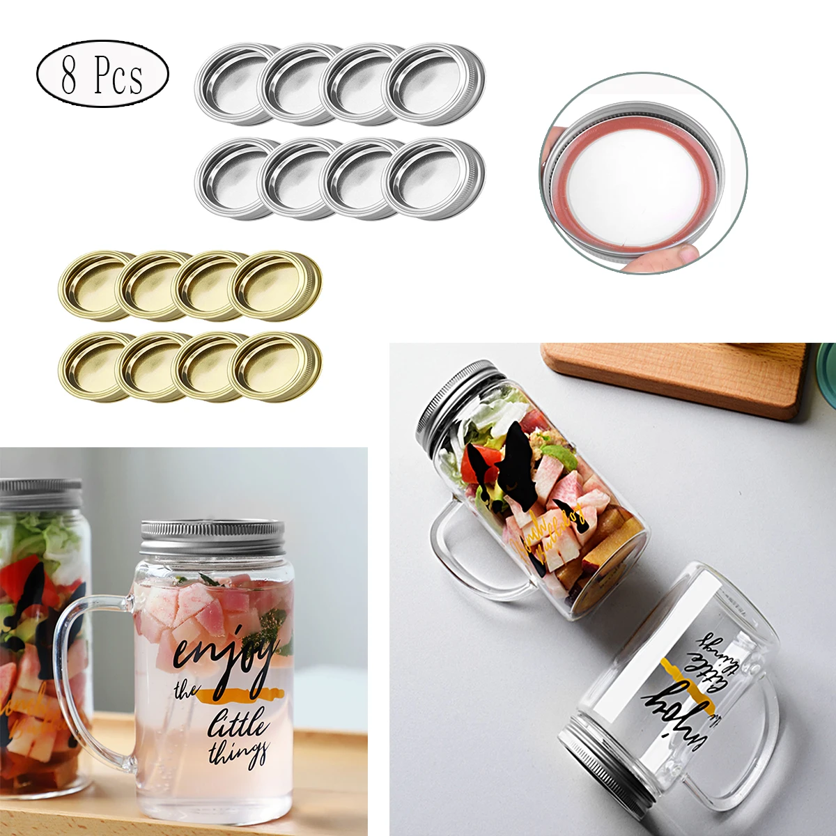 8Pcs Mason Jars Lid with Discs Canning Lid Glass Stainless Steel Screw