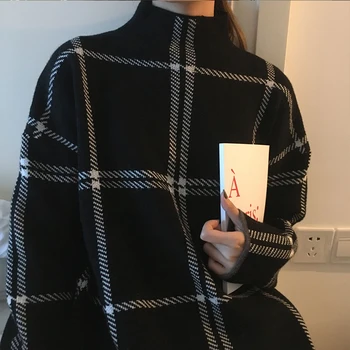 

2020 Spring Korean fashion Women's warm Pullovers Sweater Plaid Turtleneck Loose Knit Long Sleeve Female Black Sweaters Clothes