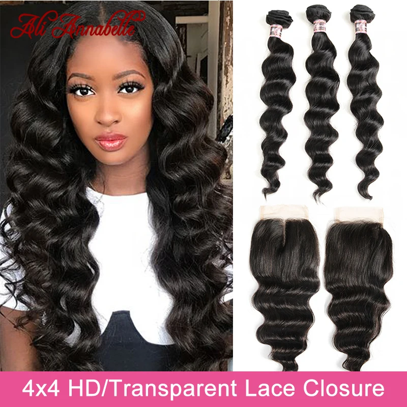 Low Cost Deep-Wave-Bundles Lace Closure Loose Transparent 100%Human-Hair Peruvian with Remy HD kjQlMbV9zGW