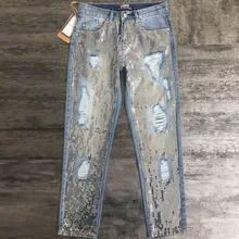 Джинсы с блестками и дырками для женщин, уличная одежда на молнии, рваные джинсы с бахромой, штаны, весенние брюки, свободные женские Джинсы бойфренда