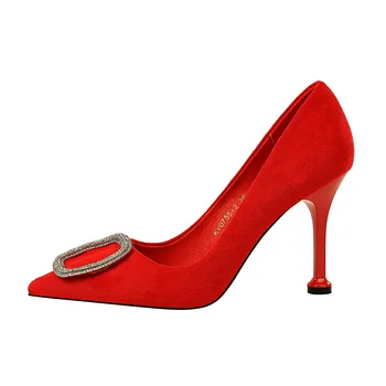 

2020 Women 9.5cm High Heels Crystal Buckle Glitter Pumps Lady Party red Wedding Green Blue Heels Female Scarpins Valentine Shoes