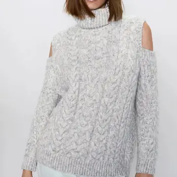 

ZA women autumn winter tops knitted open shoulder turtleneck sweater pullover chic pull female oversize woman clothes