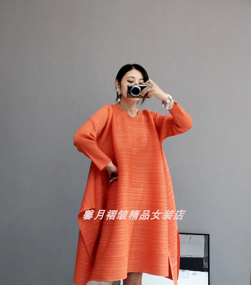 Лидер продаж Miyake модные однотонные складные с круглым воротником Длинные рукава большие трапециевидные платья