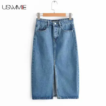 

Spring Summer Women Skirt Elegant Sexy Leisure Fashion Slit Front Hip Pocket Casual Solid Color Slim Blue Outwear Denim Skirt
