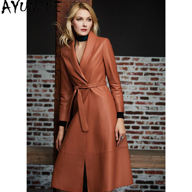 AYUNSUE Genuine Leather Jacket Women Long