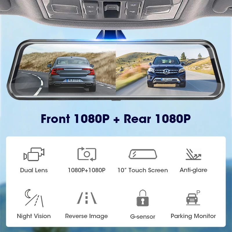 Автомобильный видеорегистратор с сенсорным экраном 10 дюймов 1080P потоковая