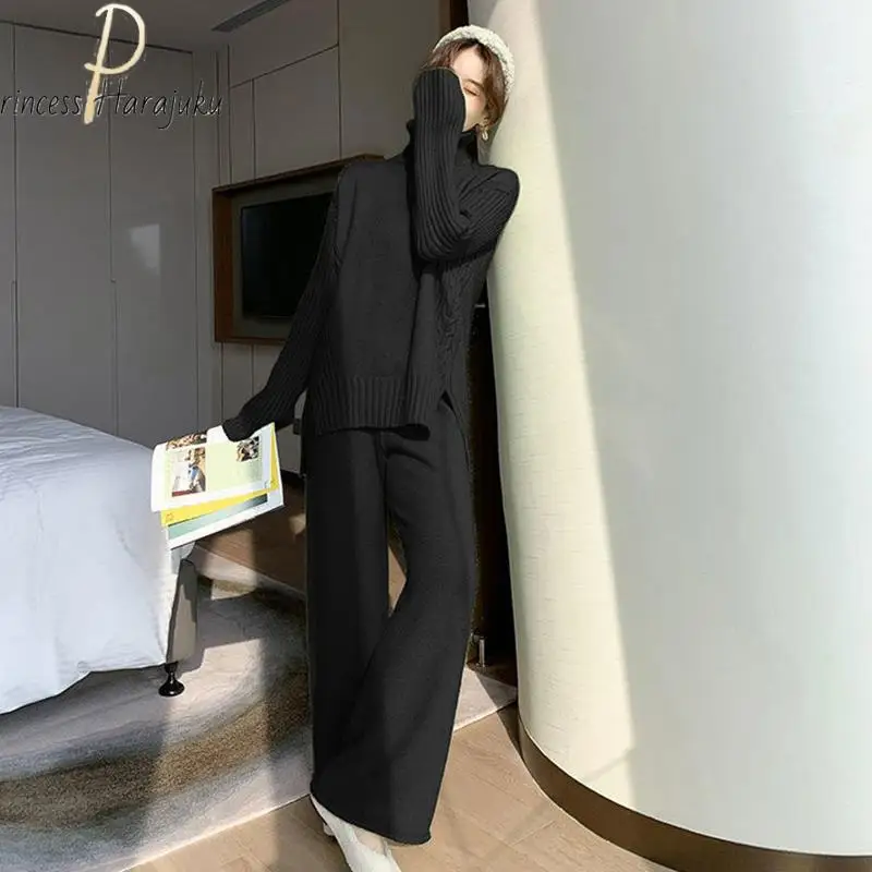 

Two Piece Casual Plus Size Women Knitted Tracksuits Winter Cashmere Turtleneck Sweater Harem Pants Warm 2 Piece Set New Outfits