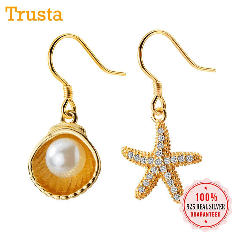 Trusta, 925 пробы, серебряные серьги, Золотая Асимметричная ракушка, Морская звезда, серьги-гвоздики, подарок для школьницы, дочери, DA11
