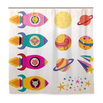 

Unique Shower Curtain Cute Animals in Spaceships Kids Design Elements Set Eco-Friendly with 12 Hooks in Bathroom W72 xH72