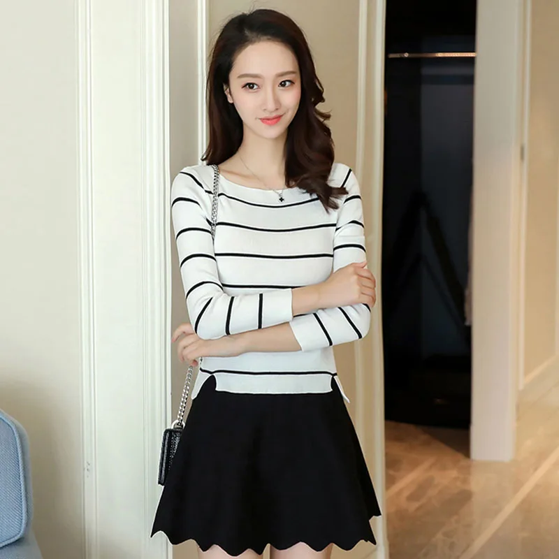 2019 Spring Autumn Casual Long Sleeve Knit Women Crop Sweater Round neck Slim Thin Striped Female Knitted Pullover Tops | Женская одежда