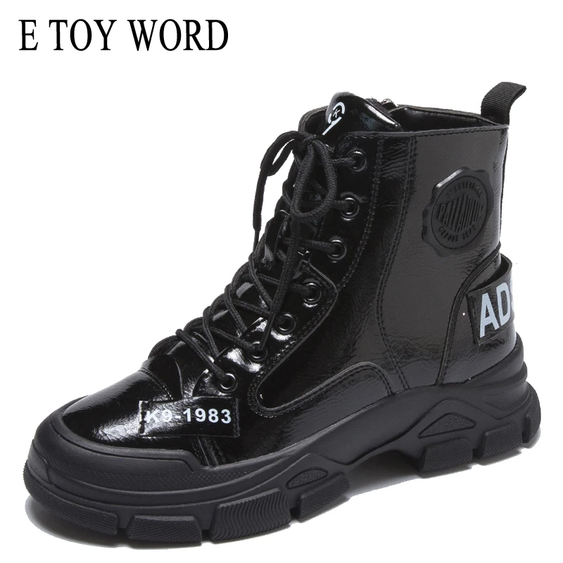 

E TOY WORD Black White Women boots autumn lace up flat heel platform boots Patent leather plus velvet Booties winter shoes women