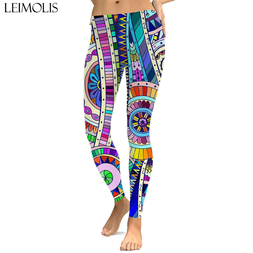 

LEIMOLIS sexy Rainbow mandala print push up leggings plus size women fitness workout punk high waist spandex leggins
