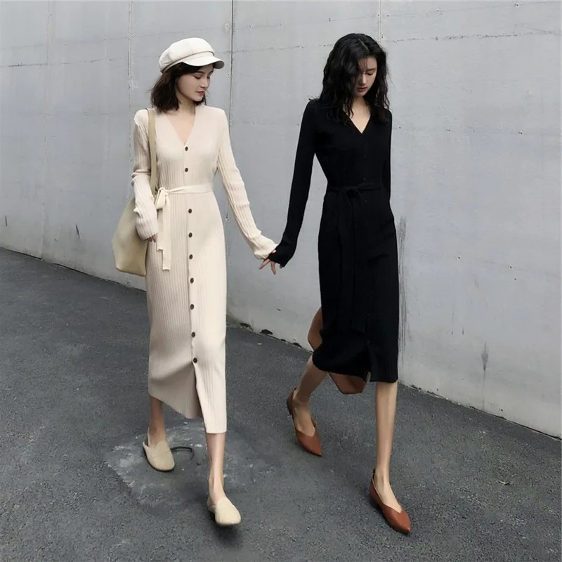 

2019 Autumn Winter New French Niche Single-breasted Knit Dress Cardigan Long-sleeved V-neck Waist Long Section Roupa Feminina