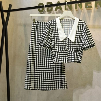 

Plus size M-4XL OL Skirt Suit Women Elegant Shirt Top And Skirt Two Piece Summer Korean Plaid Matching Set Office Outfit Female