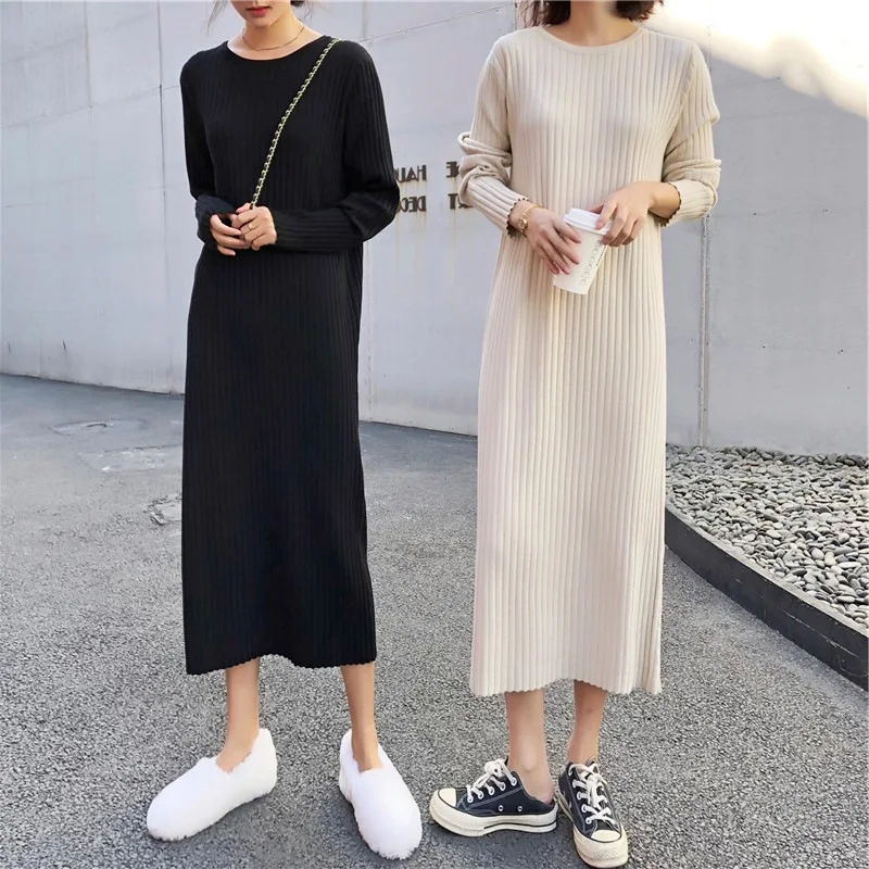 

2019 Long Sleeve Knitted Mesh Red Korean-style Slimming Mid-length Sweater Dress Early Autumn Base New Style Long Skirts Women's