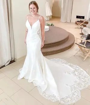 

Wedding Dress 2020 Mermaid With Chapel Train Sweetheart Spaghetti Strap Sleeveless Bridal Gown Satin Simple Fishtail Women White