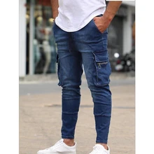 Pantalones vaqueros informales de Color sólido para hombre, Jeans ajustados con bolsillos y costuras, a la moda, con botones, de cintura media, Otoño e Invierno