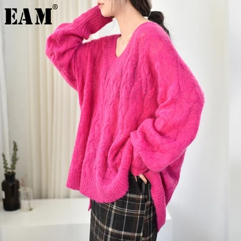 

[EAM] Big Size Thin Knitting Sweater Loose Fit V-Neck Long Sleeve Women Pullovers New Fashion Tide Autumn Winter 2020 1Y160
