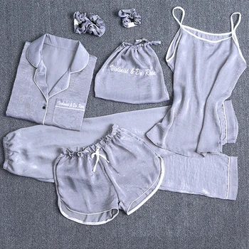 

7pcs Soft Thin Sexy Home Wear Camisole Shorts Gift Women Pajama Set Top Pants Solid Simulation Silk Simple Spring Summer Loose