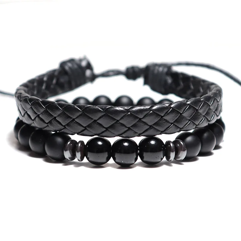 

2 Pcs/Set Handmade Natrual Stone Beads Bracelet Hand Braided Leather Braclet Sets For Men Wristband Mala Jewelry Homme