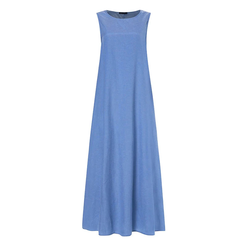 Летнее Длинное Платье, женский сарафан,, сексуальное повседневное свободное платье без рукавов с карманами и оборками, вечерние платья макси размера плюс - Цвет: Light Blue