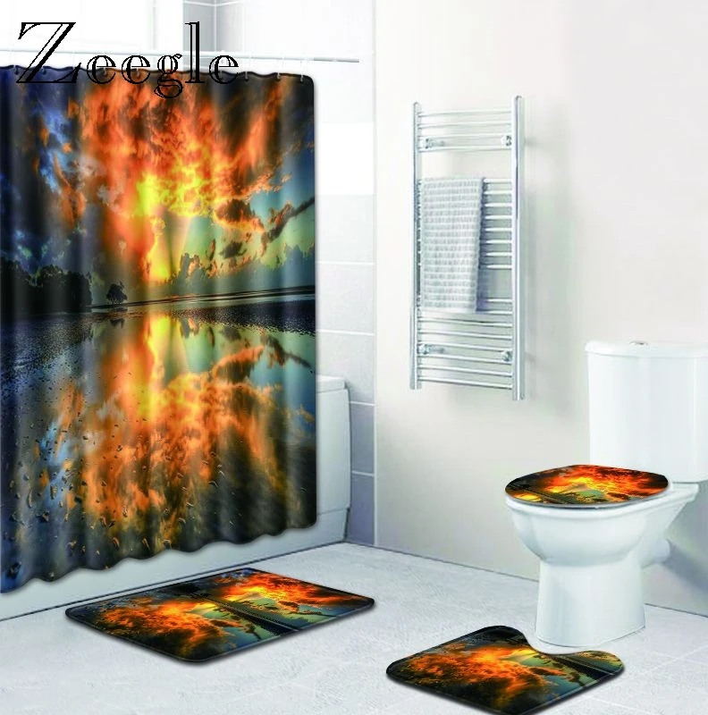 Zeegle 4pcs Bath Mat Set Waterproof Shower Curtain Anti Slip Soft Bathroom Shower Mat Absorbent Toilet Pedestal Rug Toilet Set