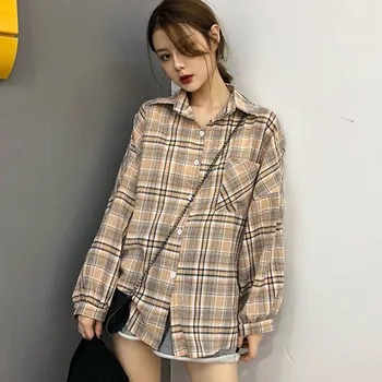 

Women Fashion Plaid Shirt Loose Casual Girlfriends Long Sleeve Shirts Female Turn-down Collar Blouse Tops Blusa Korean Clothes