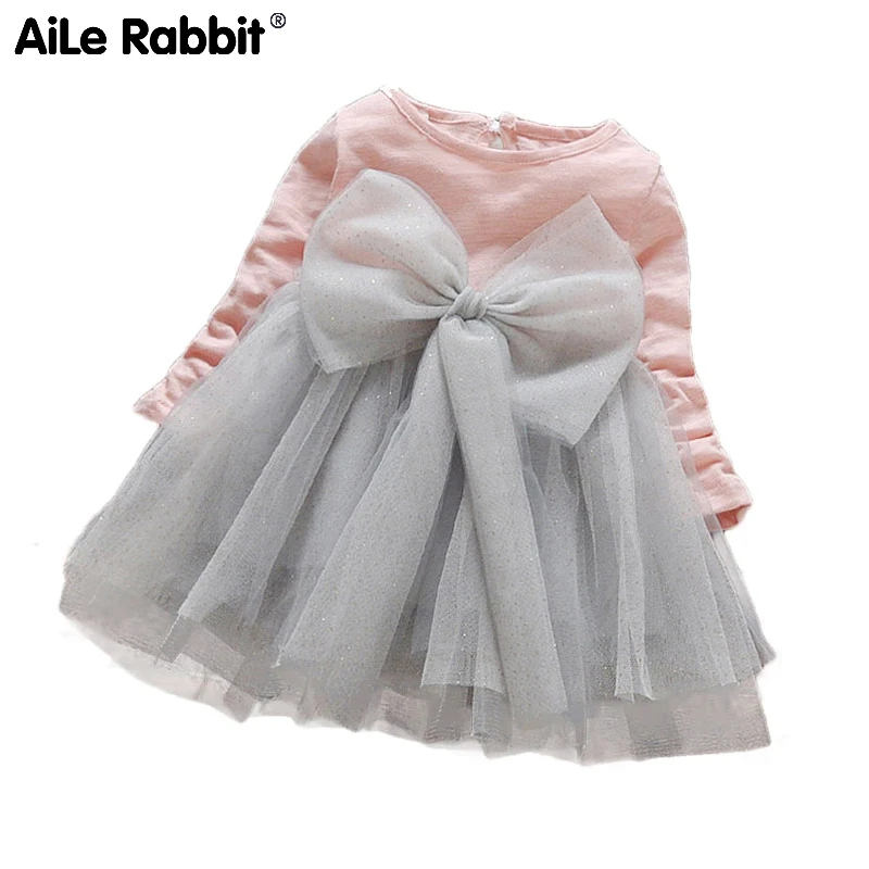 Aile rabbit/Одежда для девочек; осеннее платье; детская одежда; платье-пачка принцессы с длинными рукавами и большим бантом; платья для малышей