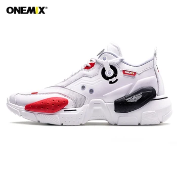 

ONEMIX Mens Sneakers Technology Style Leather Damping Comfortable Men Red Sport Running Shoes for Women Platform Retro Dad Shoes