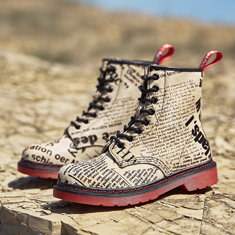 

Autumn Winter Vintage Military Ankle Boots Women Printing Fashion British Style Genuine Leather Lace-up Ladies Motorcycle Boots