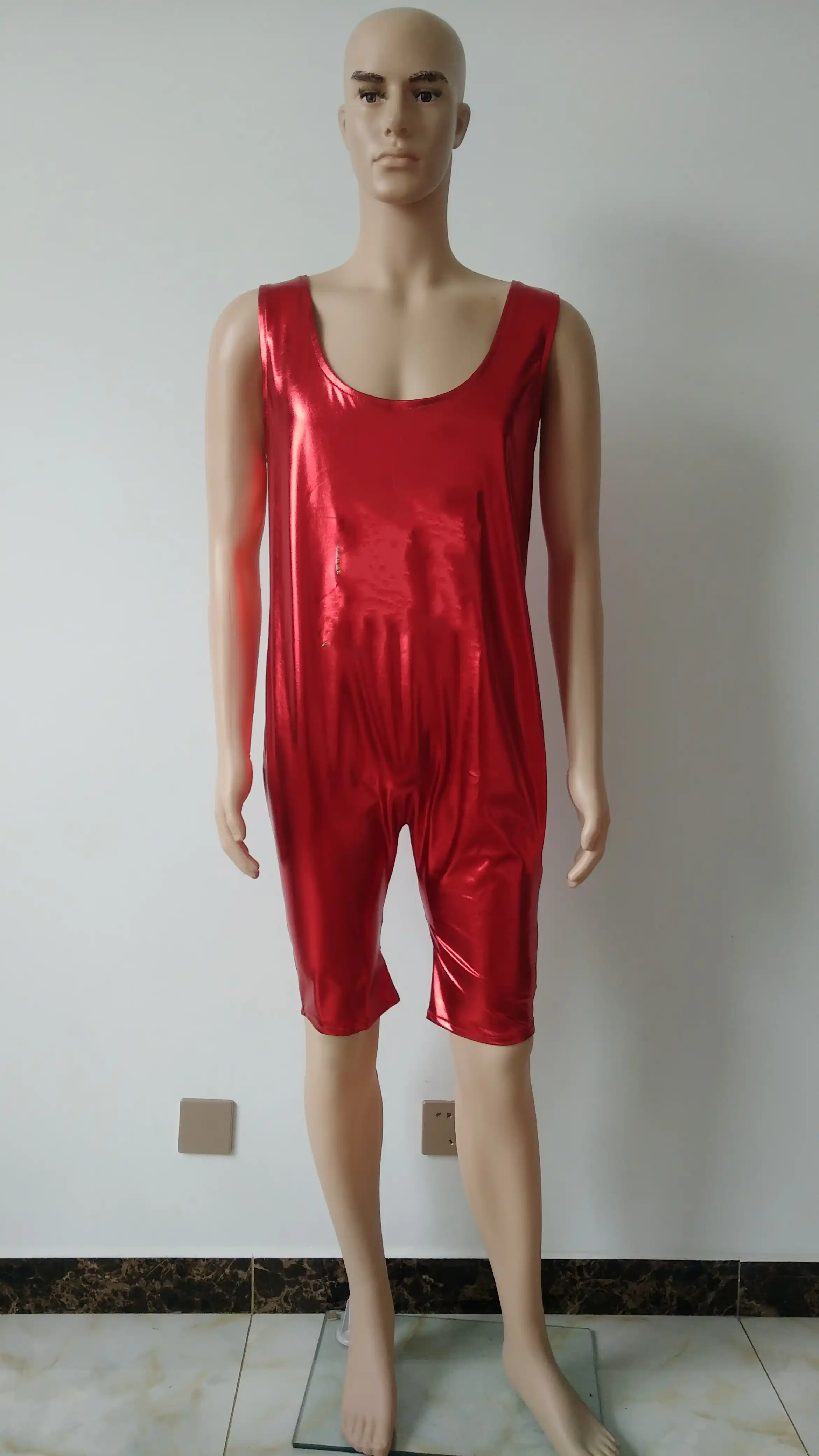 Брендовая популярная мужская майка короткий черный блестящий металлик Zentai Catsuit