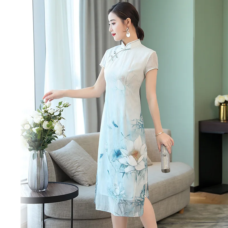 

Audrey Cheongsam Lotus Pond 2019 Summer New Style Women's Mid-length Improved Chinese-style Dress Ma8873869