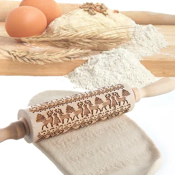 

Christmas patterned Embossed Rolling Pin Engraved Embossing for Baking Wood pastry boards fondant Craft toy for children