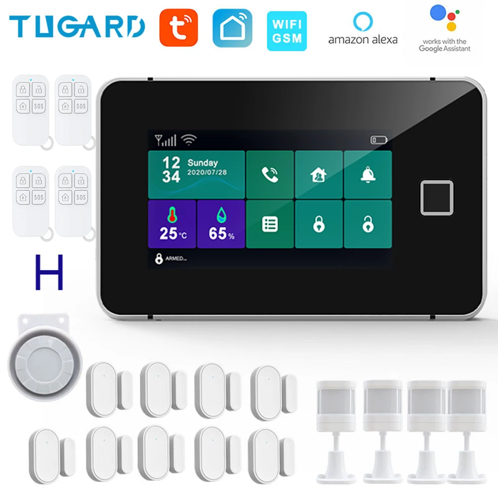 TUGARD G60 Tuya WiFi Gsm Security Alarm System Fingerprint Armed Temperature Humidity Display 433MHz Wireless Smart Home Burglar house alarm keypad Alarms & Sensors