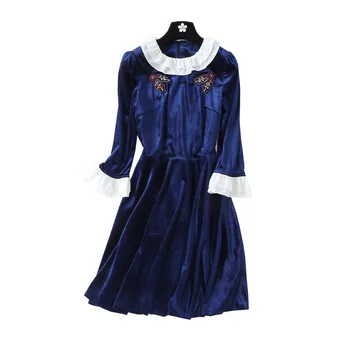 

New Spring Women Blue Velvet Dress Zomerjurk Dames 2020 Korean Flounces Flower Midi Party Dress Vestido Blanco Abiti Donna K6022