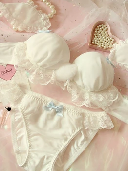 

Japanese Soft Girl Cute Hair Ball Girl Heart Rabbit Ears Chiffon Lace with Steel Rings Closed Underwear Bra Suit GZ-T10