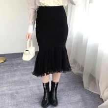 Женская юбка, высокая талия, в горошек, сетчатая, трикотажная, низ русалки, труба, оборки, тонкая, элегантная, облегающая, эластичная, Повседневная