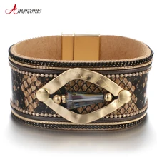 Amorcome Ромб металлический Шарм змея браслеты для женщин Элегантный женский широкий кожаный браслет и браслеты женские ювелирные изделия