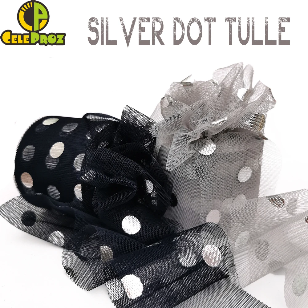 6Cm Silver Dot Tulle 25Yards Big Spot Net Fabric Mesh Rolls Diy Birthday Cake Toppe Rtutu Pom Bow Cucito Artigianato Decor Material