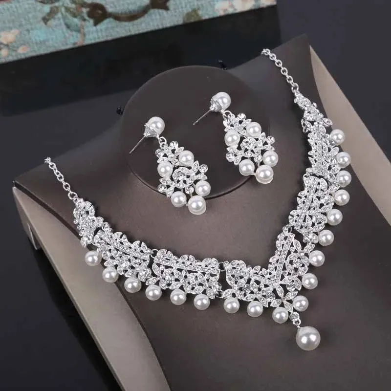Модная с кристаллами и жемчугом бижутерия наборы Стразы ожерелье серьги Корона набор диадем женские свадебные ювелирные наборы - Окраска металла: 2Pcs Jewelry Set